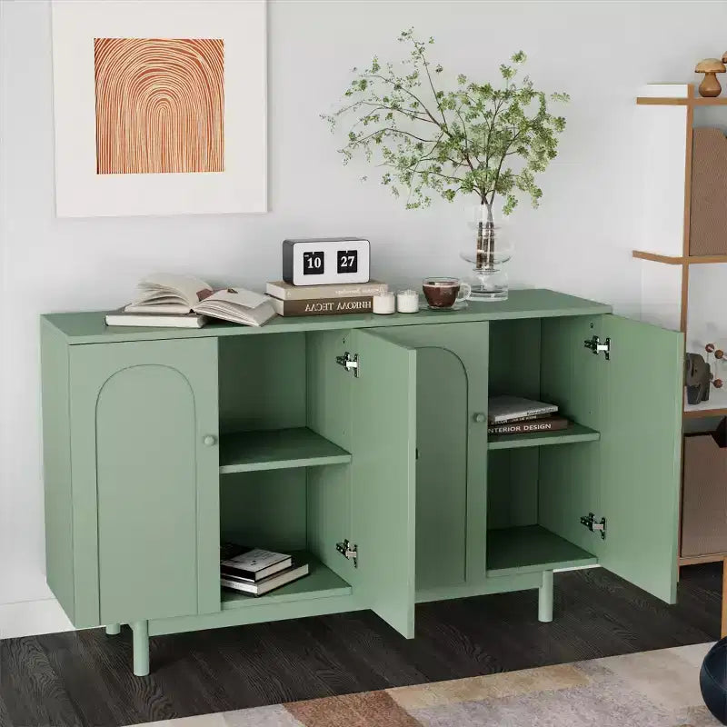 Credenza a 4 ante da 59W Mobiletto da buffet Mobiletto console con ante intagliate e ripiani regolabili, bianco/verde menta