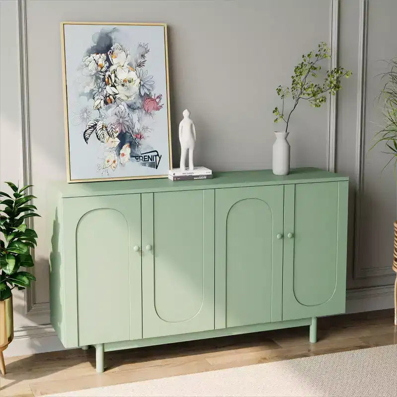 Credenza a 4 ante da 59W Mobiletto da buffet Mobiletto console con ante intagliate e ripiani regolabili, bianco/verde menta