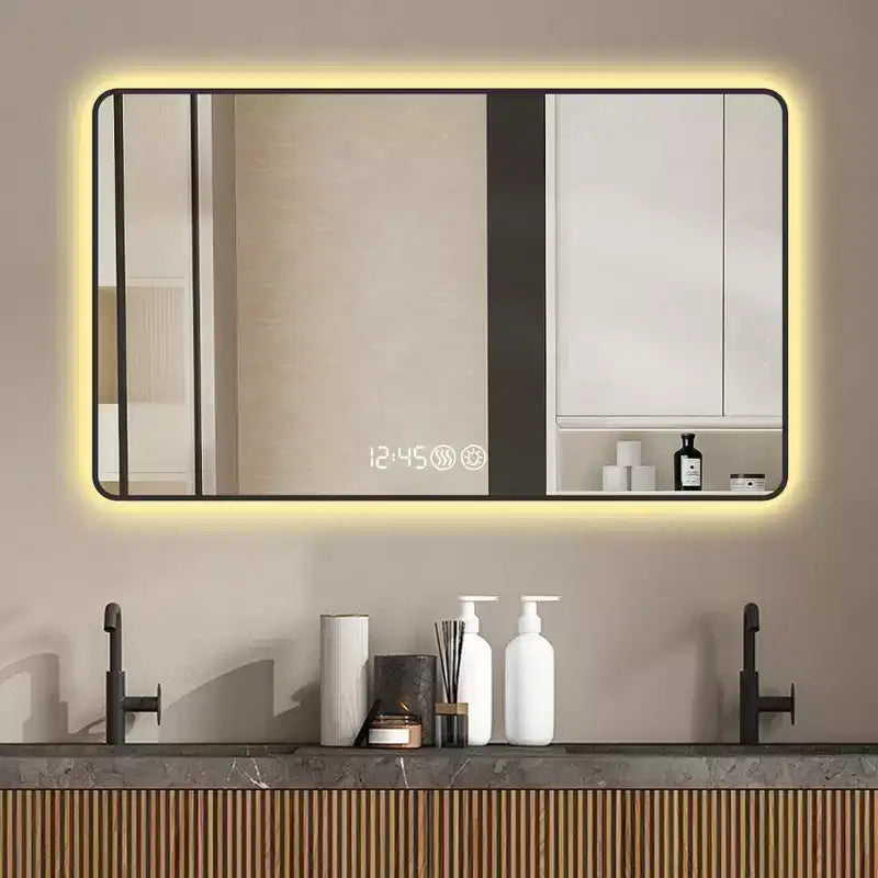 48x32 Black Frame Wall Mirror: Rounded Corners, Temperature Display, Tri-Color Light, Defogging, High-Def Tempered Glass