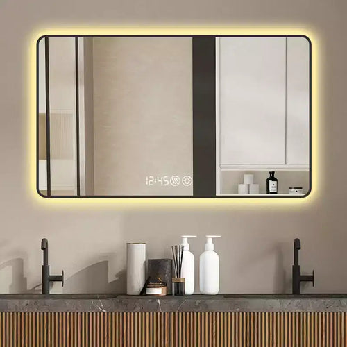 48x32 Black Frame Wall Mirror: Rounded Corners, Temperature Display, Tri-Color Light, Defogging, High-Def Tempered Glass