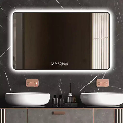 Specchio da parete con cornice nera 48x32: Angoli arrotondati, display della temperatura, luce tricolore, antiappannamento, vetro temperato ad alta definizione