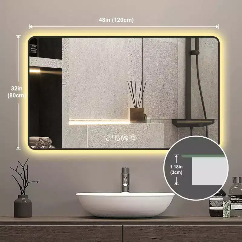 Specchio da parete con cornice nera 48x32: Angoli arrotondati, display della temperatura, luce tricolore, antiappannamento, vetro temperato ad alta definizione
