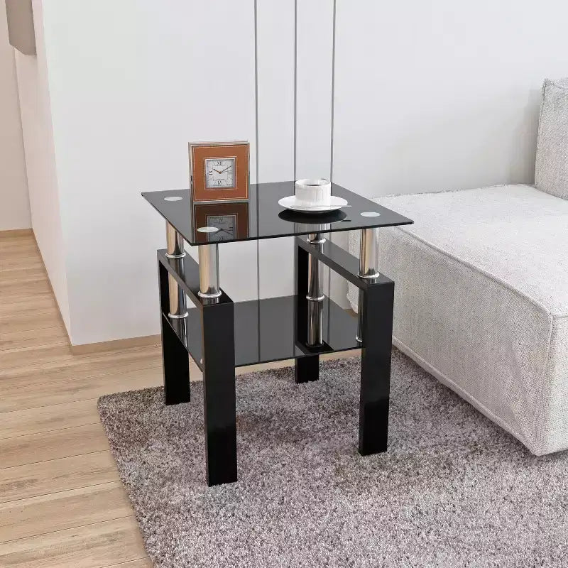 Tavolino Moderno con Piano in Vetro Temperato, Tavolino Quadrato per Salotto e Camera da Letto, Nero