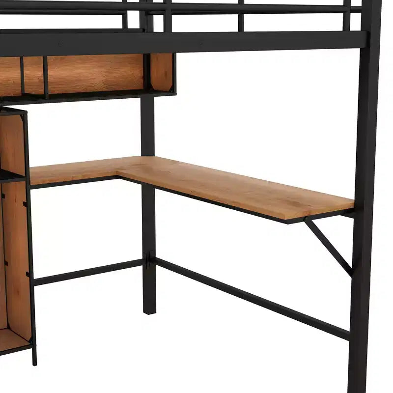 Letto a soppalco moderno in metallo e legno di dimensioni standard, 196,1 cm L x 142,2 cm P, con scrivania a L e mensole, design multifunzionale - Nero e Noce