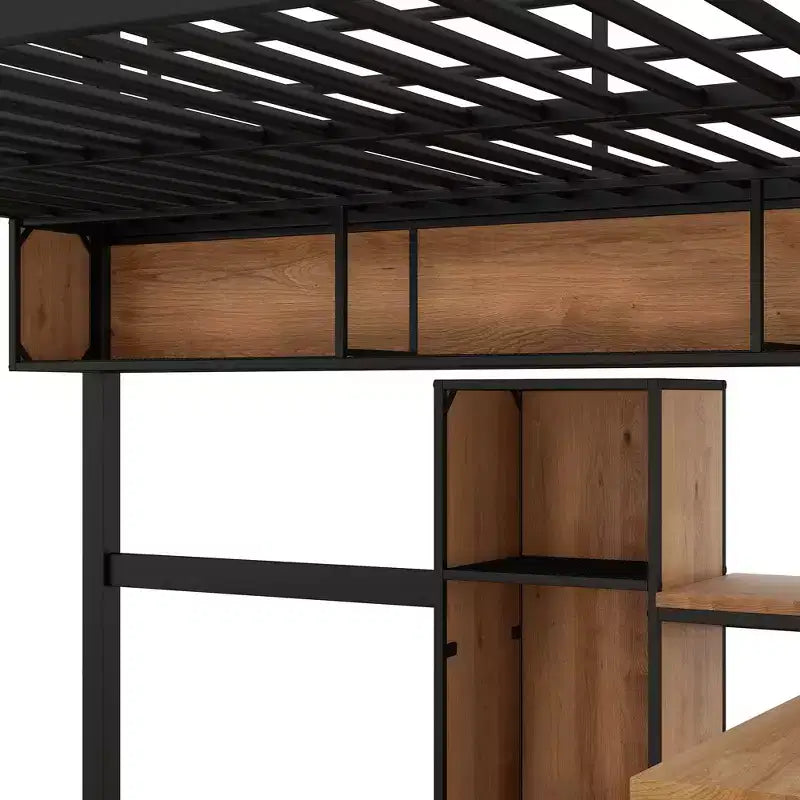Letto a soppalco moderno in metallo e legno di dimensioni standard, 196,1 cm L x 142,2 cm P, con scrivania a L e mensole, design multifunzionale - Nero e Noce