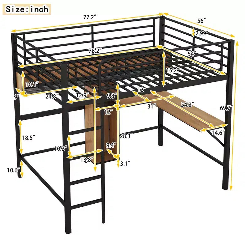 Letto a soppalco moderno in metallo e legno di dimensioni standard, 196,1 cm L x 142,2 cm P, con scrivania a L e mensole, design multifunzionale - Nero e Noce