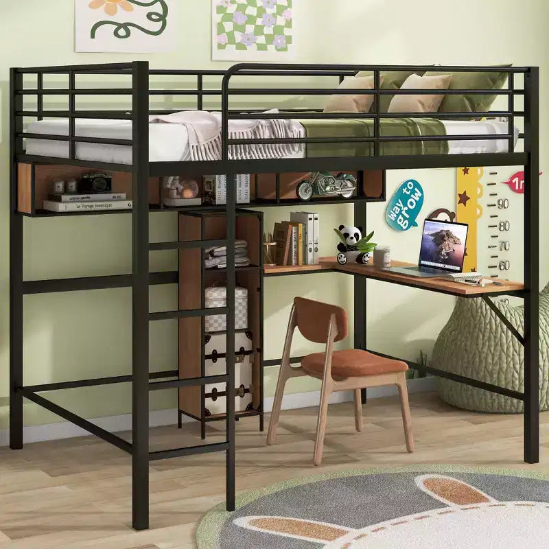 Letto a soppalco moderno in metallo e legno di dimensioni standard, 196,1 cm L x 142,2 cm P, con scrivania a L e mensole, design multifunzionale - Nero e Noce