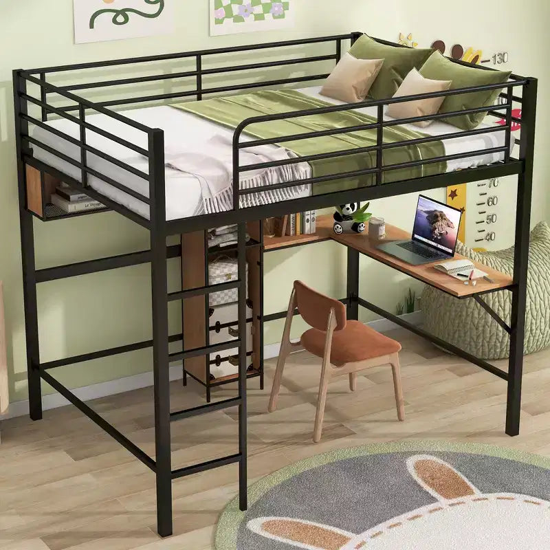 Letto a soppalco moderno in metallo e legno di dimensioni standard, 196,1 cm L x 142,2 cm P, con scrivania a L e mensole, design multifunzionale - Nero e Noce