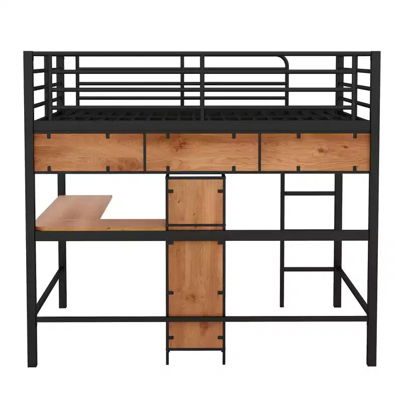 Letto a soppalco moderno in metallo e legno di dimensioni standard, 196,1 cm L x 142,2 cm P, con scrivania a L e mensole, design multifunzionale - Nero e Noce
