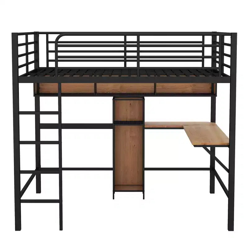 Letto a soppalco moderno in metallo e legno di dimensioni standard, 196,1 cm L x 142,2 cm P, con scrivania a L e mensole, design multifunzionale - Nero e Noce