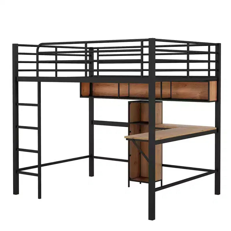 Letto a soppalco moderno in metallo e legno di dimensioni standard, 196,1 cm L x 142,2 cm P, con scrivania a L e mensole, design multifunzionale - Nero e Noce