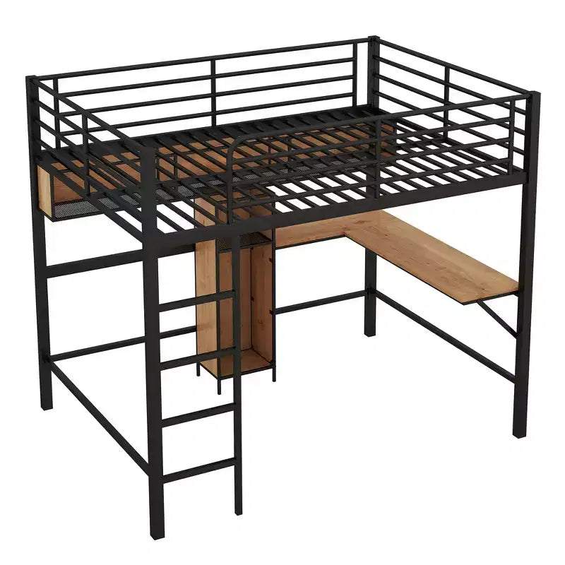 Letto a soppalco moderno in metallo e legno di dimensioni standard, 196,1 cm L x 142,2 cm P, con scrivania a L e mensole, design multifunzionale - Nero e Noce