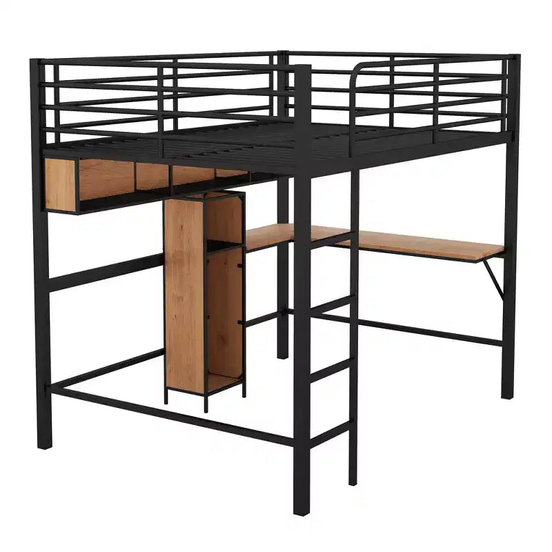 Letto a soppalco moderno in metallo e legno di dimensioni standard, 196,1 cm L x 142,2 cm P, con scrivania a L e mensole, design multifunzionale - Nero e Noce
