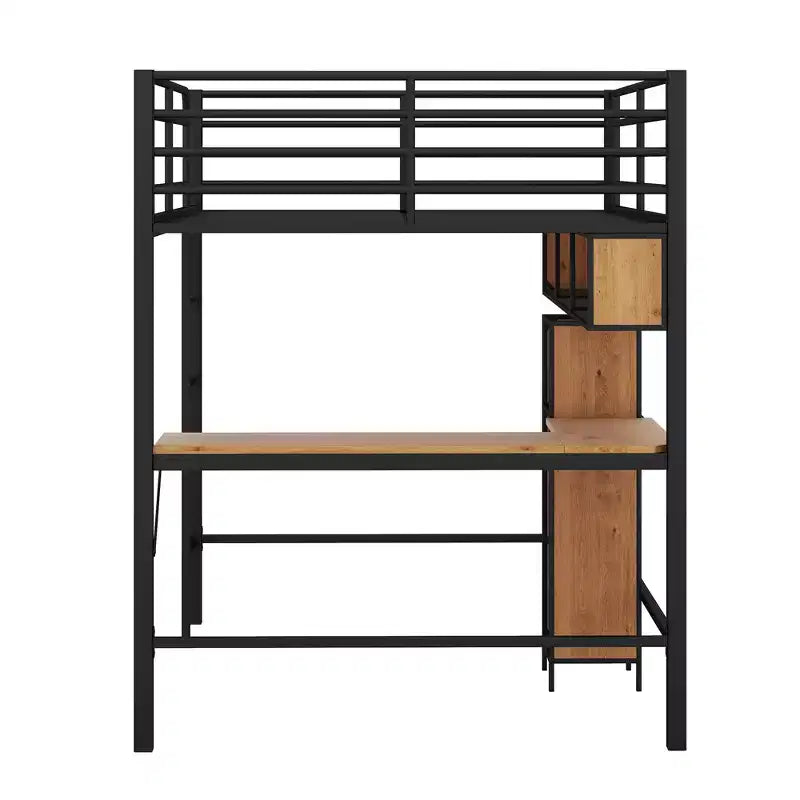 Letto a soppalco moderno in metallo e legno di dimensioni standard, 196,1 cm L x 142,2 cm P, con scrivania a L e mensole, design multifunzionale - Nero e Noce