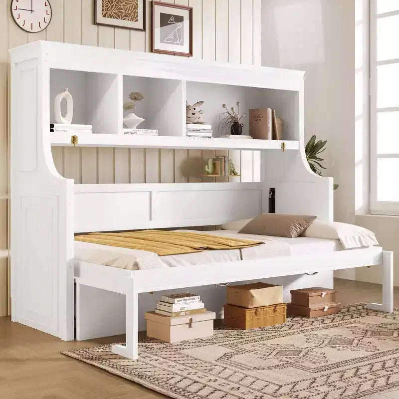 Elegante letto a scomparsa da una piazza e mezza con scrivania e mensole contenitore