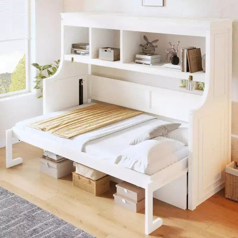 Elegante letto a scomparsa da una piazza e mezza con scrivania e mensole contenitore