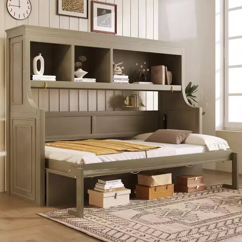 Elegante letto a scomparsa da una piazza e mezza con scrivania e mensole contenitore