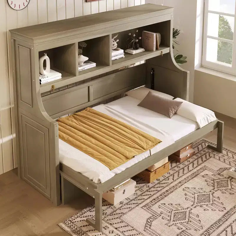 Elegante letto a scomparsa da una piazza e mezza con scrivania e mensole contenitore