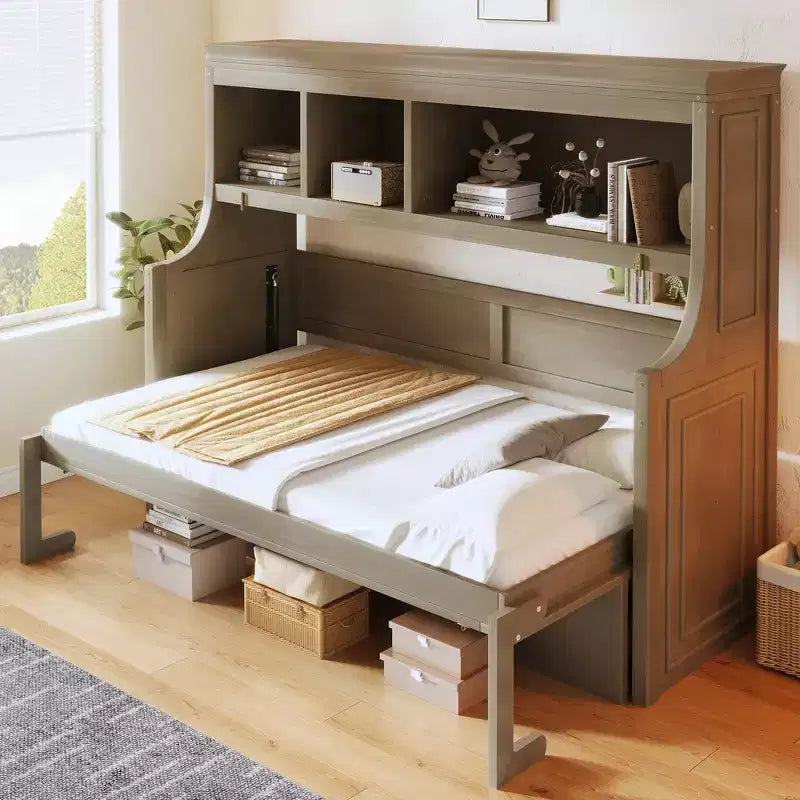 Elegante letto a scomparsa da una piazza e mezza con scrivania e mensole contenitore