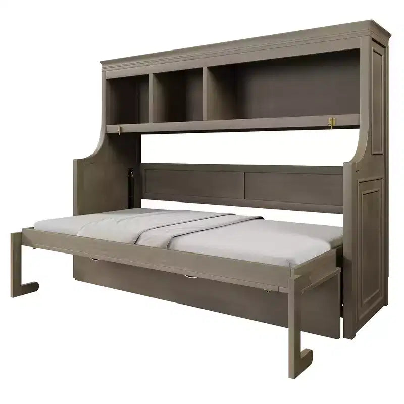 Elegante letto a scomparsa da una piazza e mezza con scrivania e mensole contenitore