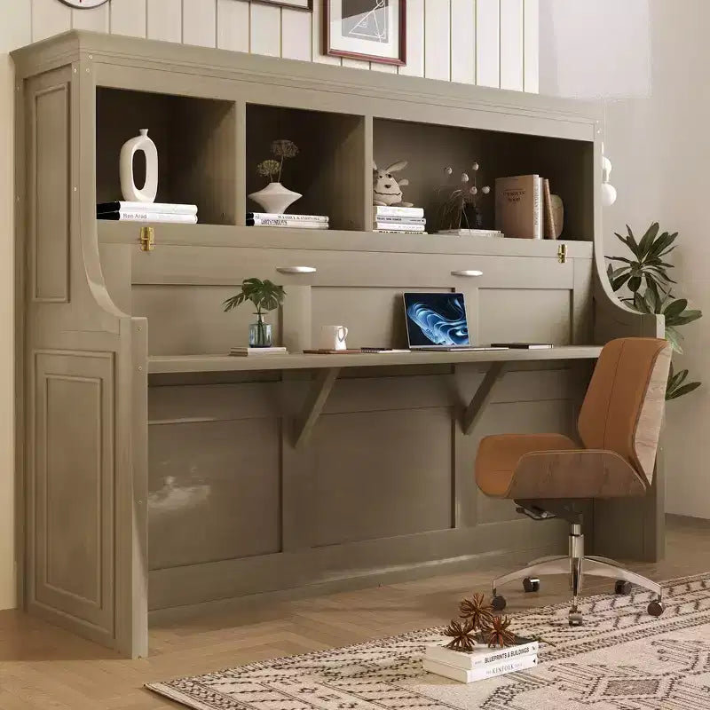 Whisen Elegant Twin Size Murphy Bed with Desk and Storage Shelves