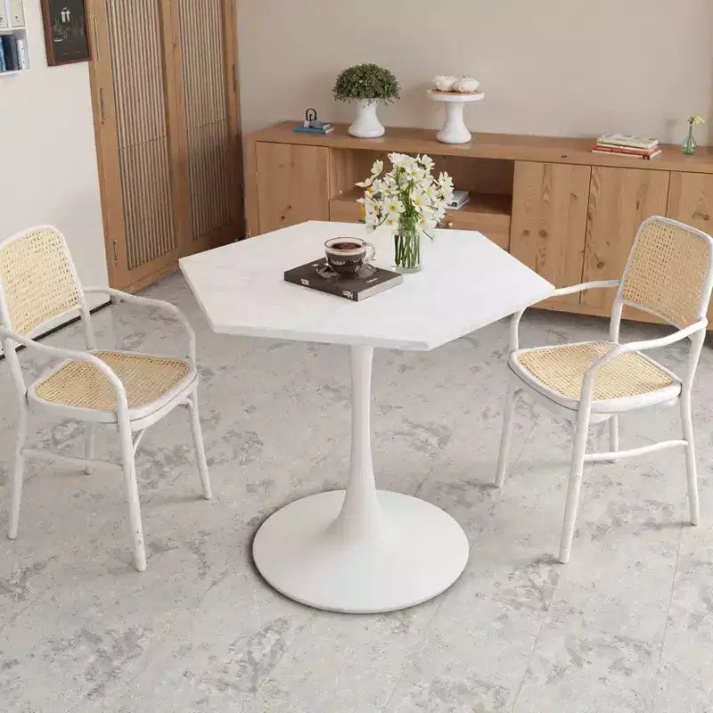 31,5 Tavolino moderno esagonale con piano in marmo bianco stampato e base in metallo per sala da pranzo salotto bianco