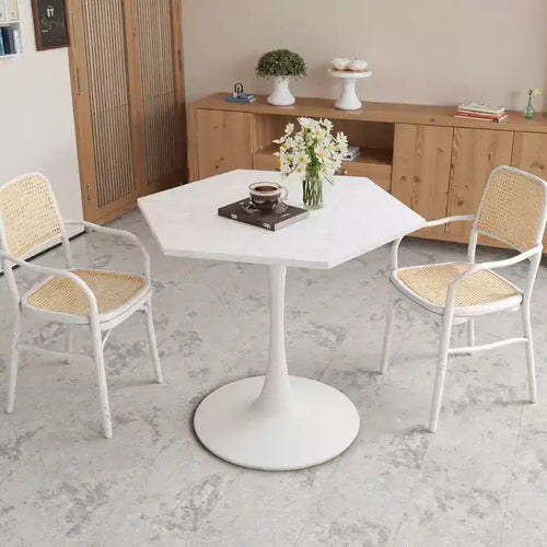 31,5 Tavolino moderno esagonale con piano in marmo bianco stampato e base in metallo per sala da pranzo salotto bianco