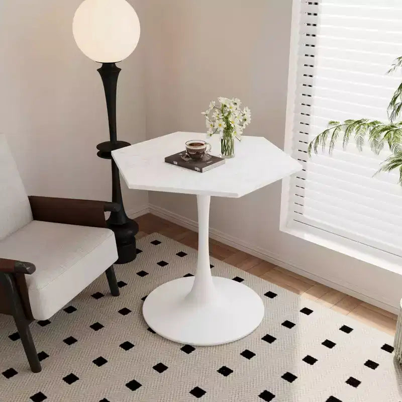 31,5 Tavolino moderno esagonale con piano in marmo bianco stampato e base in metallo per sala da pranzo salotto bianco