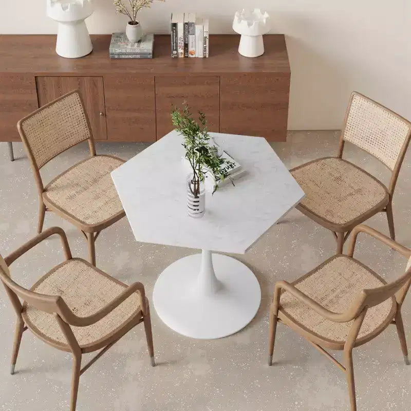 31,5 Tavolino moderno esagonale con piano in marmo bianco stampato e base in metallo per sala da pranzo salotto bianco
