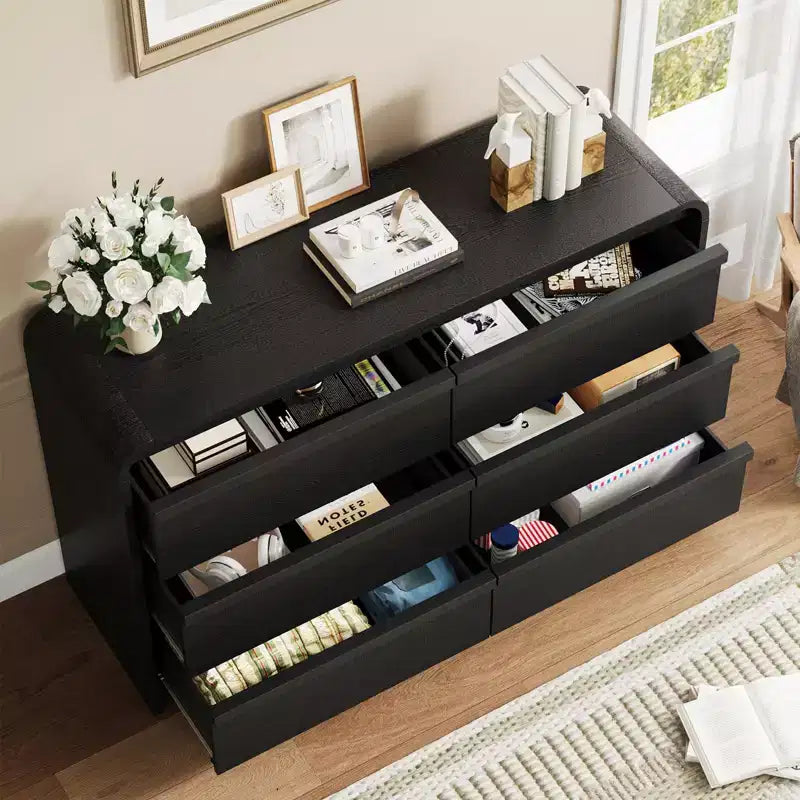 Cassettiera arcuata a 6 cassetti, mobile in legno largo 119 cm con profilo curvo per camera da letto moderna, soggiorno, ingresso, cameretta