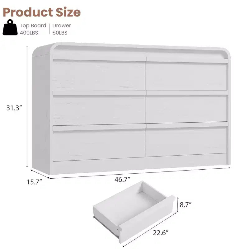 Cassettiera arcuata a 6 cassetti, mobile in legno largo 119 cm con profilo curvo per camera da letto moderna, soggiorno, ingresso, cameretta