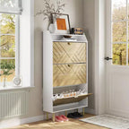 Shoe Cabinet, Entryway Cabinet  57H 3-Flip Drawer Slim White & Wood Hidden Storage Organizer for Hallway