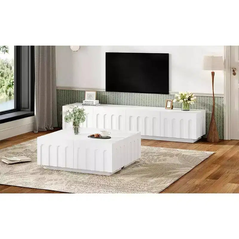 Elegante tavolino porta TV, console multimediale bianca ad arco per TV da 80 pollici