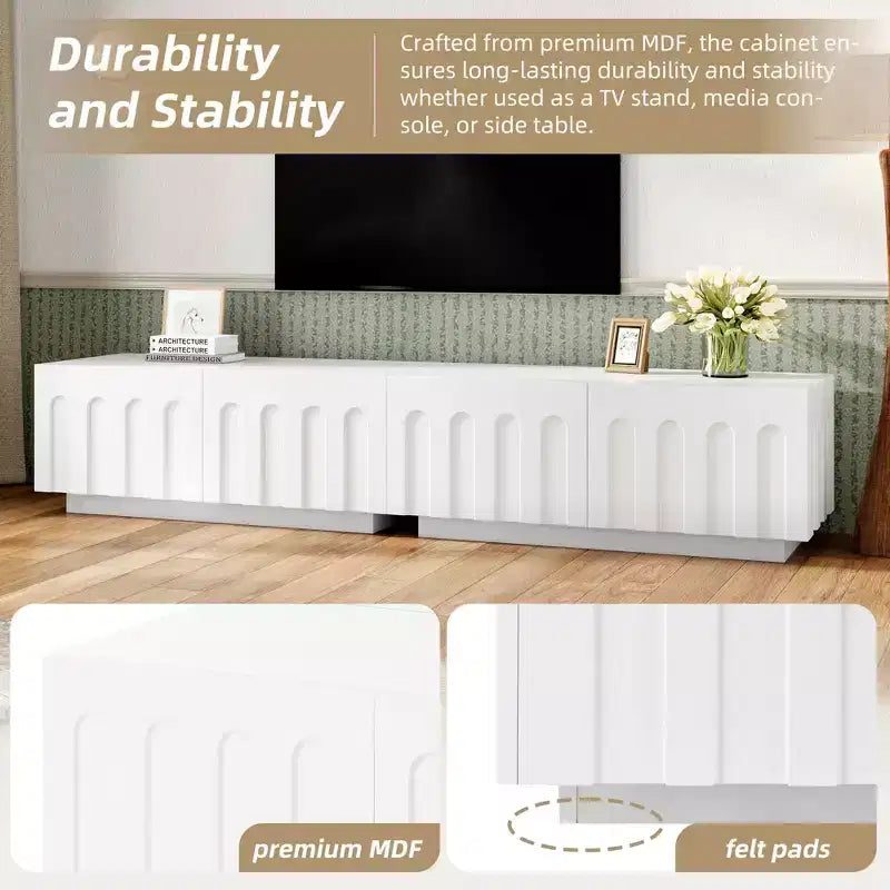 Elegante tavolino porta TV, console multimediale bianca ad arco per TV da 80 pollici