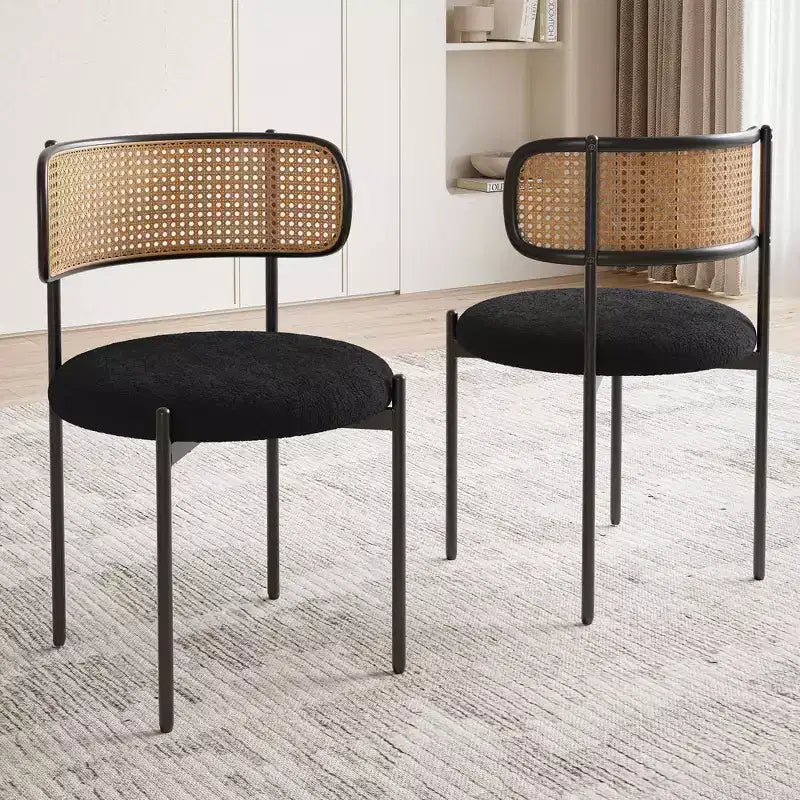 MAYEERTY Modern Upholstered Dining Chairs Set of 2 with Metal Legs Rattan Back Dining Room Chairs for Kitchen Black