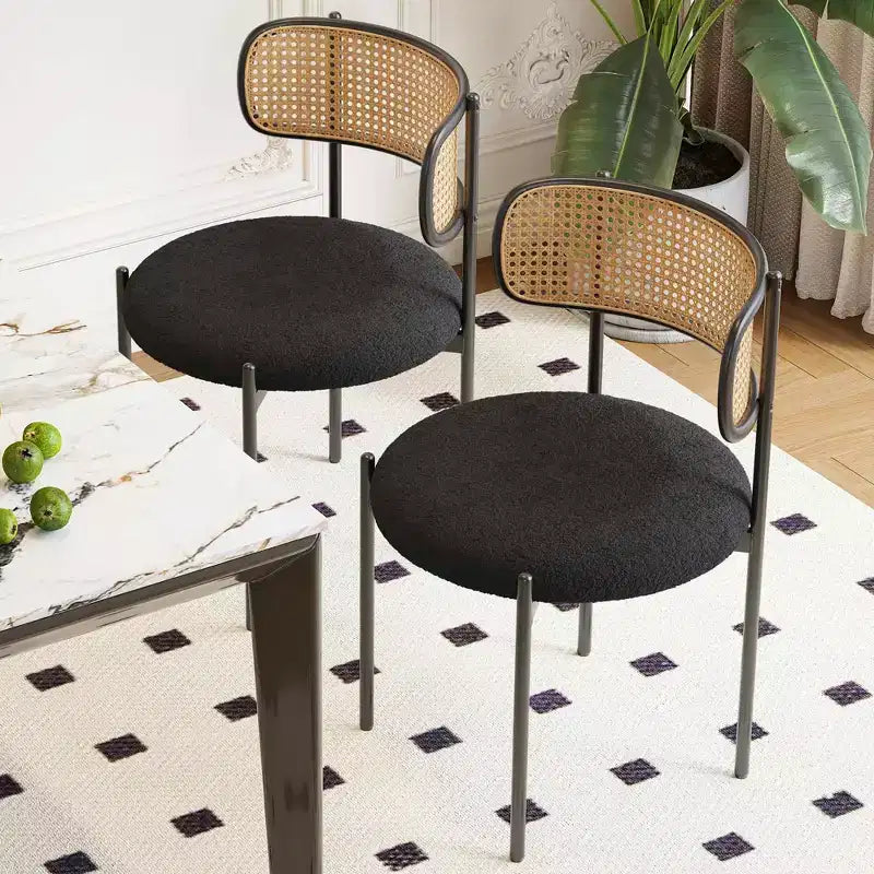 Sedie da pranzo moderne imbottite con gambe in metallo e schienale in rattan, per sala da pranzo e cucina, colore nero