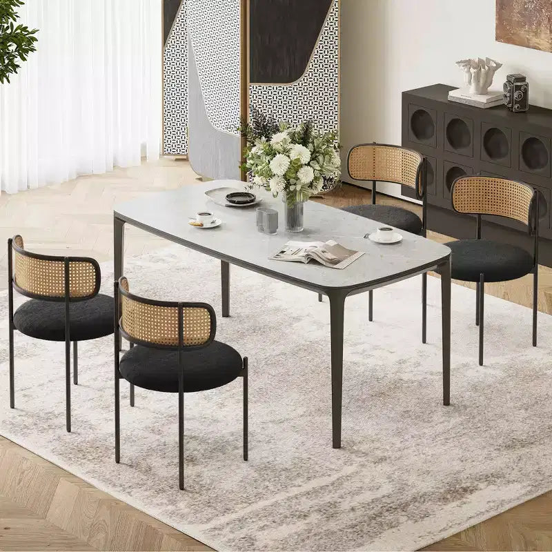 Sedie da pranzo moderne imbottite con gambe in metallo e schienale in rattan, per sala da pranzo e cucina, colore nero