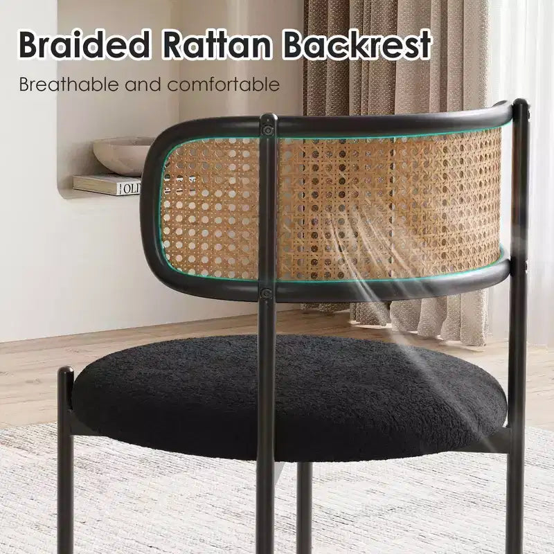 Sedie da pranzo moderne imbottite con gambe in metallo e schienale in rattan, per sala da pranzo e cucina, colore nero