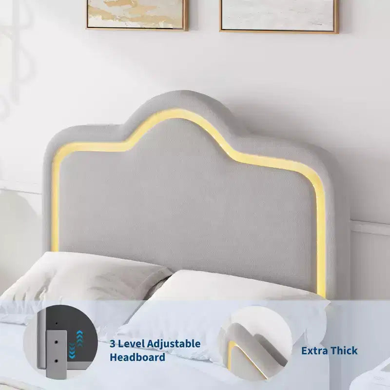 Struttura letto principessa, doppia/matrimoniale/queen size, con testiera regolabile e rivestimento in velluto - Letto a piattaforma per bambini
