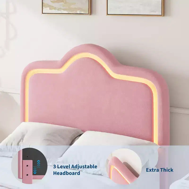 Struttura letto principessa, doppia/matrimoniale/queen size, con testiera regolabile e rivestimento in velluto - Letto a piattaforma per bambini