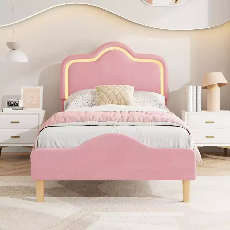 Struttura letto principessa, doppia/matrimoniale/queen size, con testiera regolabile e rivestimento in velluto - Letto a piattaforma per bambini