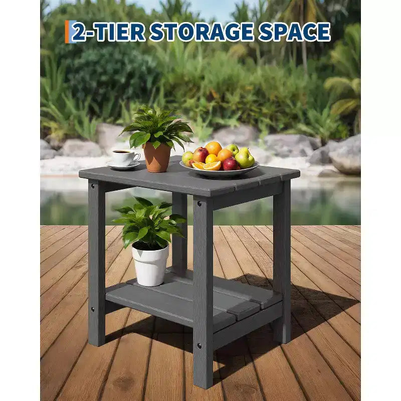 Tavolino da Esterno a 2 Ripiani, 45 cm, in HDPE, Resistente alle Intemperie, per Patio, Giardino, Piscina, Terrazza, Interni, Cortile, Bianco