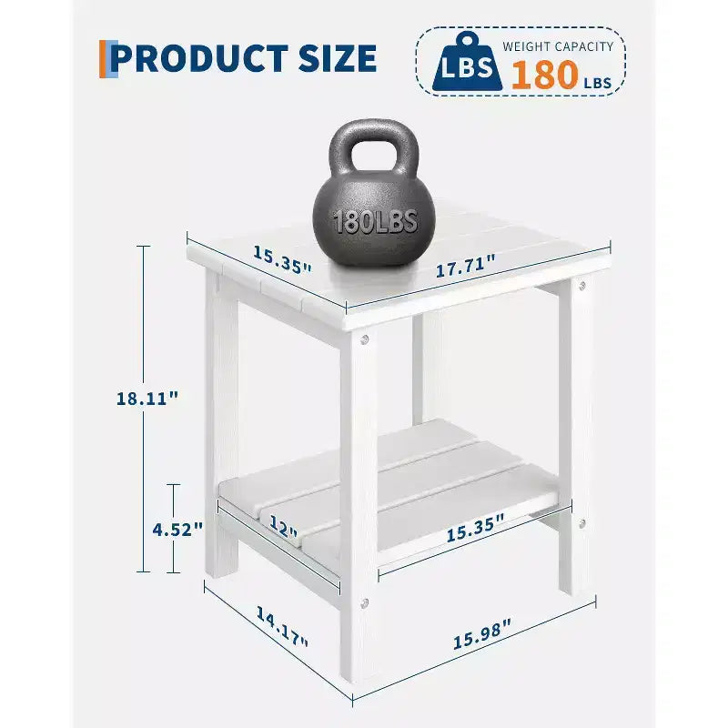 Tavolino da Esterno a 2 Ripiani, 45 cm, in HDPE, Resistente alle Intemperie, per Patio, Giardino, Piscina, Terrazza, Interni, Cortile, Bianco