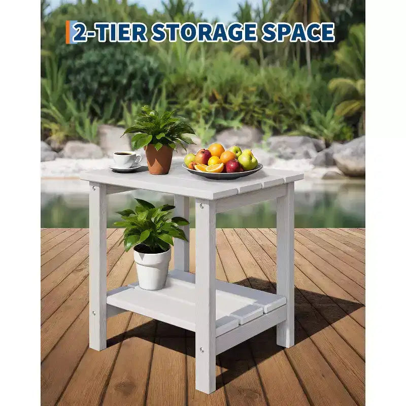 Tavolino da Esterno a 2 Ripiani, 45 cm, in HDPE, Resistente alle Intemperie, per Patio, Giardino, Piscina, Terrazza, Interni, Cortile, Bianco