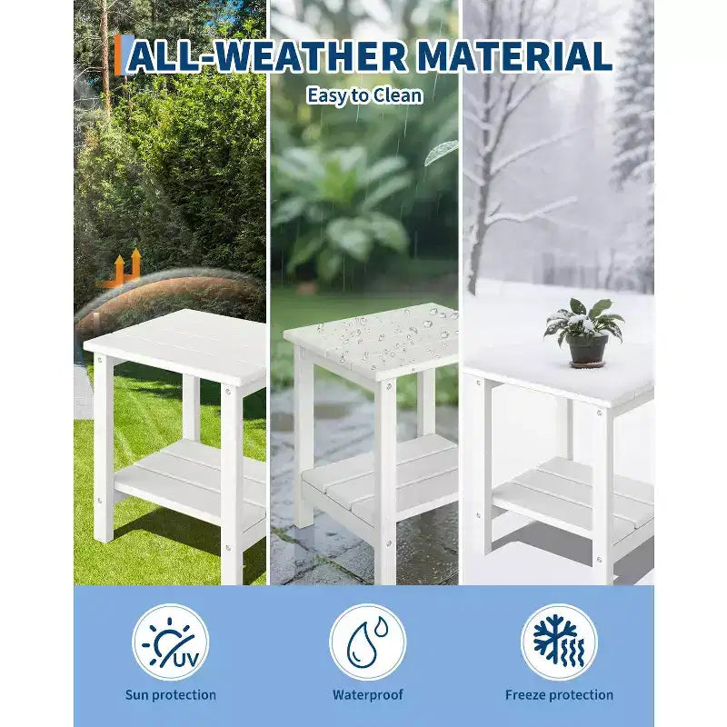 Tavolino da Esterno a 2 Ripiani, 45 cm, in HDPE, Resistente alle Intemperie, per Patio, Giardino, Piscina, Terrazza, Interni, Cortile, Bianco