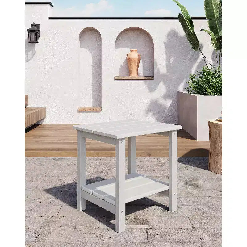 Tavolino da Esterno a 2 Ripiani, 45 cm, in HDPE, Resistente alle Intemperie, per Patio, Giardino, Piscina, Terrazza, Interni, Cortile, Bianco