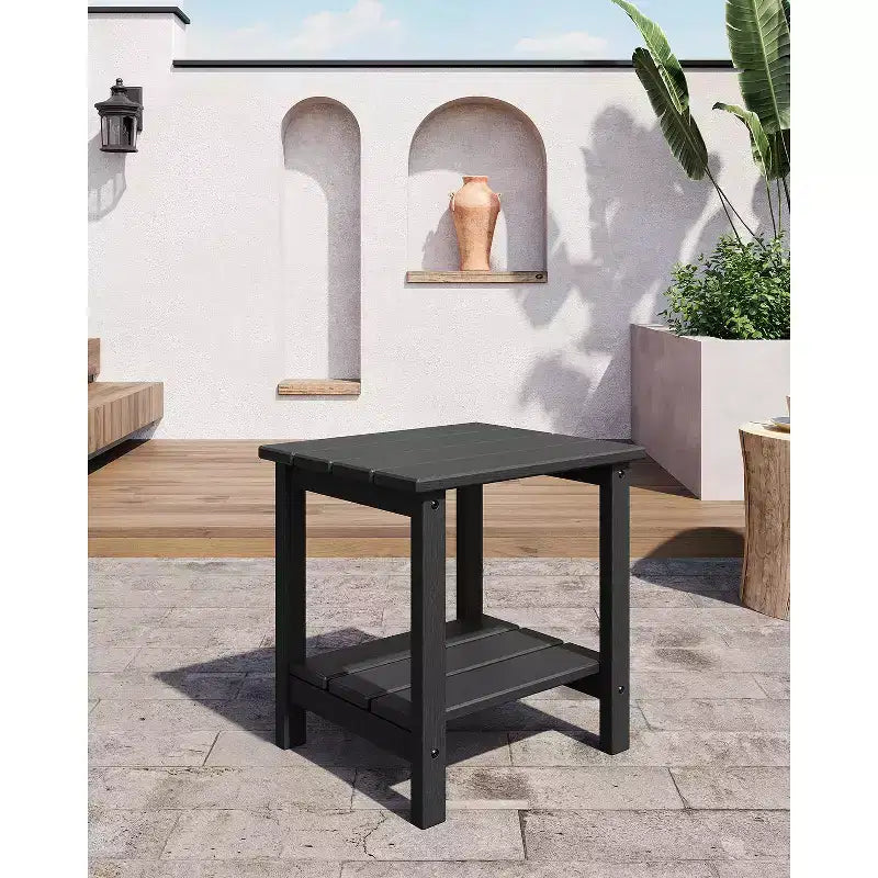Tavolino da Esterno a 2 Ripiani, 45 cm, in HDPE, Resistente alle Intemperie, per Patio, Giardino, Piscina, Terrazza, Interni, Cortile, Bianco