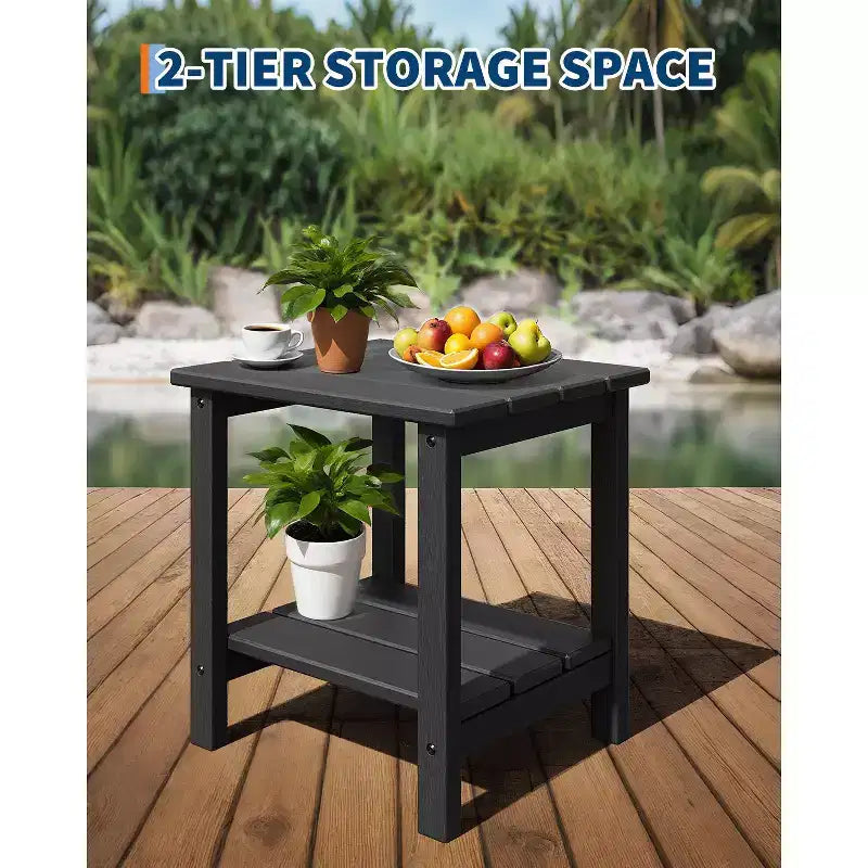 Tavolino da Esterno a 2 Ripiani, 45 cm, in HDPE, Resistente alle Intemperie, per Patio, Giardino, Piscina, Terrazza, Interni, Cortile, Bianco