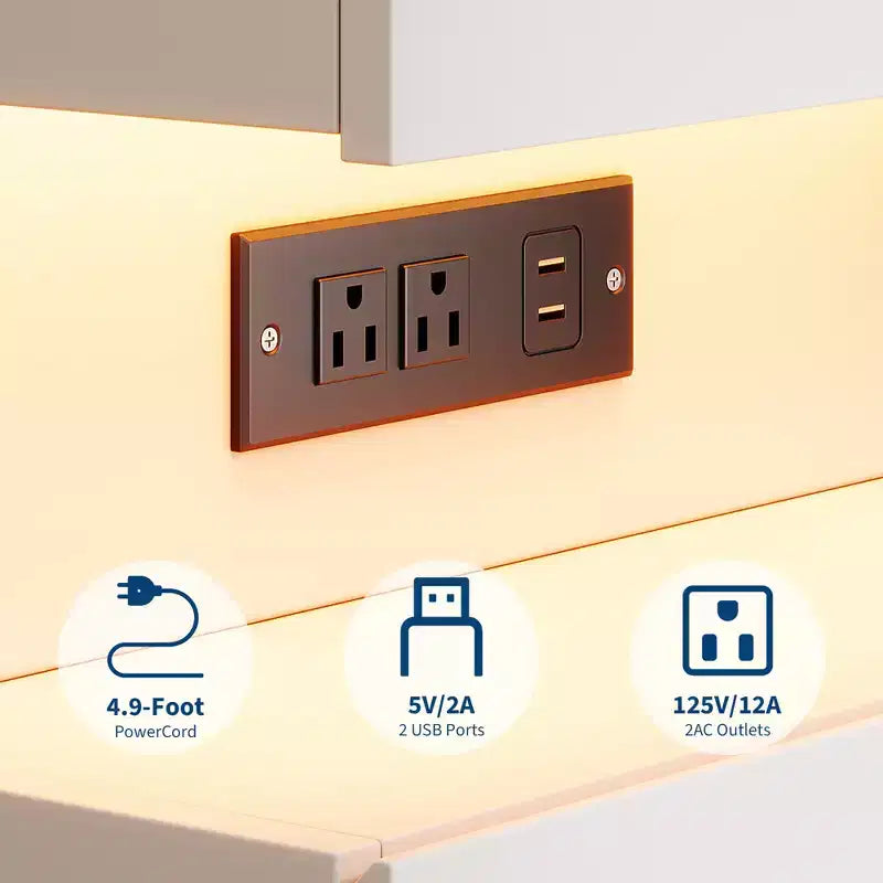 Comodino Moderno con Luce a LED Controllabile tramite App, Scaffale Aperto a U, Tavolino da Notte con Stazione di Ricarica, Tavolino Laterale a 3 Cassetti con Porta USB e Presa Elettrica