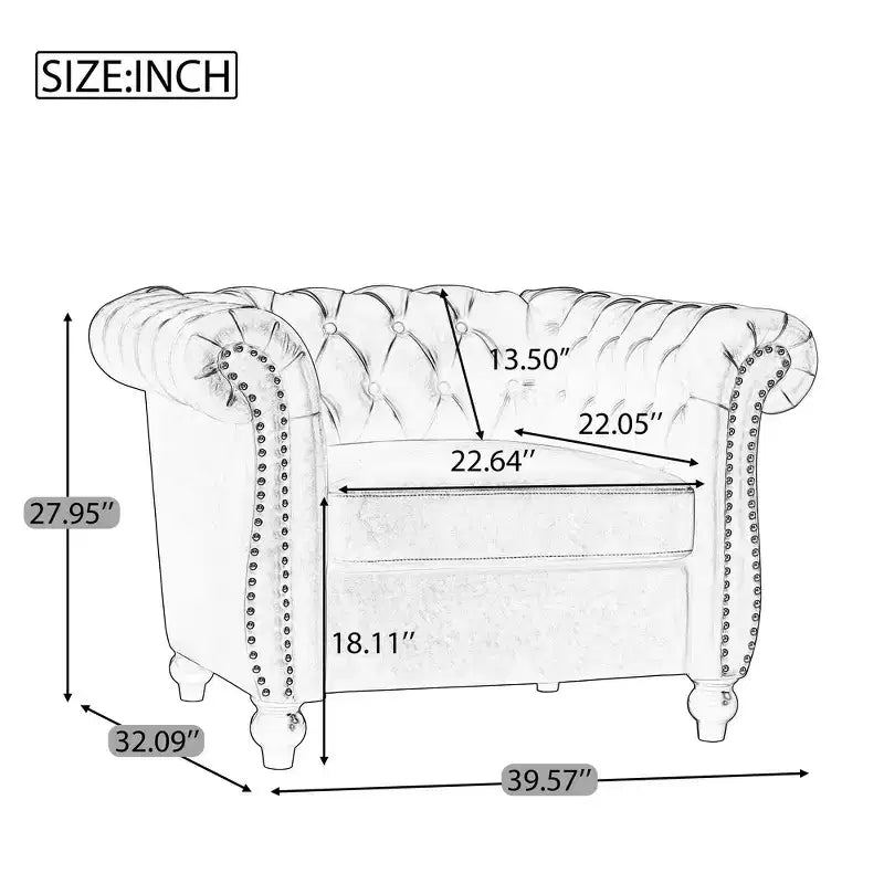 Poltrona Chesterfield moderna, Poltrona Club con braccioli a voluta, Borchie decorative e gambe in legno massello